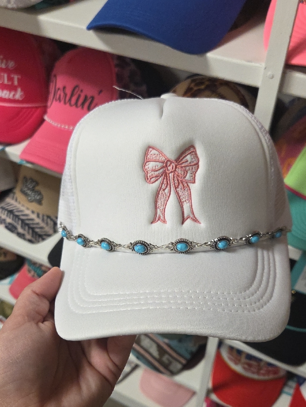 White Trucker Hat with Pink Bow Embroidery and Turquoise Accent